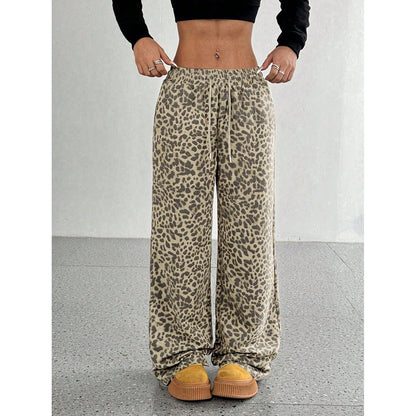 Women's Letter Leopard Print Straight Leg Pants Elastic Waist Y2K Trousers Bottoms with Pockets - Seldom Seen Styles