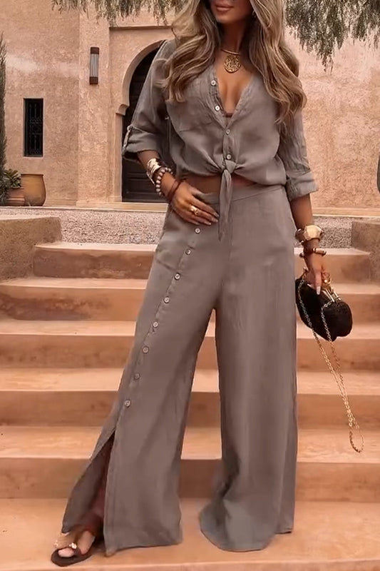 Women's Lapel Slit Button Cotton and Linen Casual Suit - Seldom Seen Styles