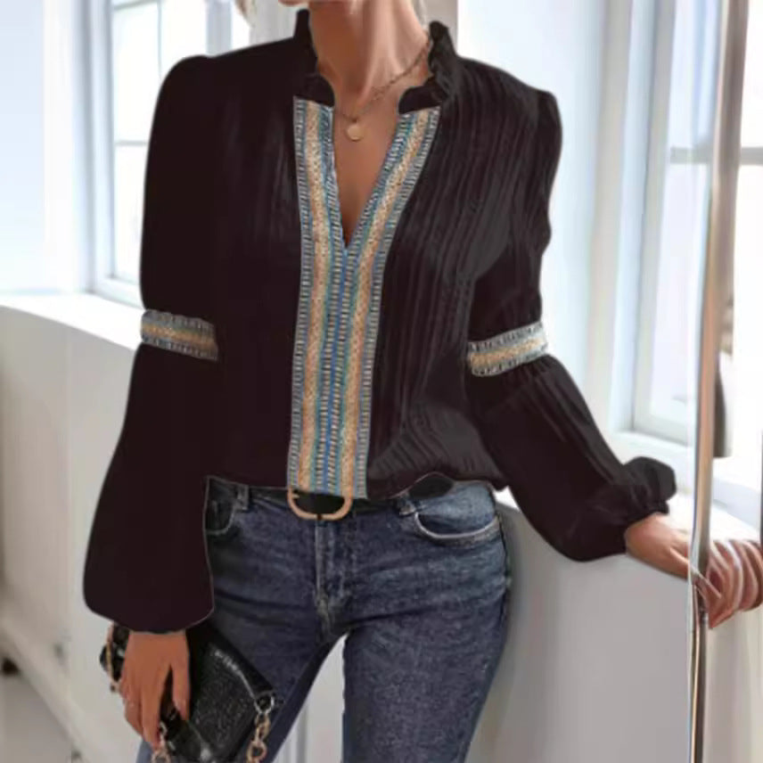 Women’s Lace Trim V Neck Lantern Long Sleeve Blouses Oversized Dressy Casual Loose Fit Business Work Shirts Tops - Seldom Seen Styles