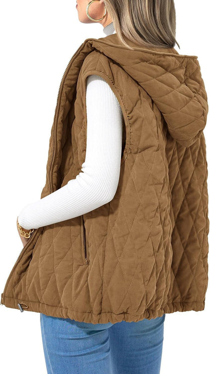 Women's Quilted Vest Casual Sleeveless Hooded Zip Up Diamond pattern Jacket With Pockets Winter Coat Outerwear Minimalist Top