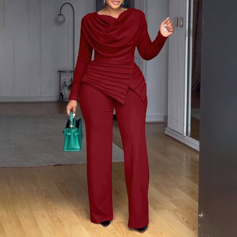 Cowl Neck Asymmetrical Patchwork Ruched Jumpsuit Casual Cinched Waist Zipper Back Straight Leg Jumpsuit - Seldom Seen Styles
