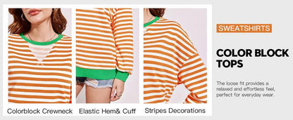 【Up To 3XL】Fisace Christmas Womenswear Striped Oversized Sweatshirt Color Block Crew Neck Long Sleeve Shirt Casual Loose Pullover Top Y2K Clothes back to school - Seldom Seen Styles