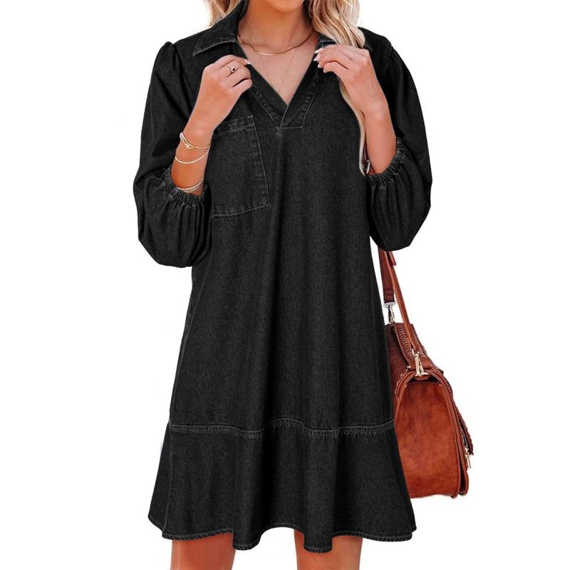 Denim Dress for Women Fashion Fall Casual Babydoll 2025 V Neck 3/4 Puff Sleeve Jean Dresses - Seldom Seen Styles