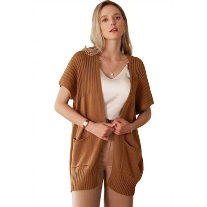 2025 Women’s Going Tops Trend – Oversized Lightweight Open-Front Pleated Short-Sleeve Knitwear Knit Cardigan Sweater, Casual Summer Outerwear & Womenswear Layering Piece in Multiple Colors - Seldom Seen Styles