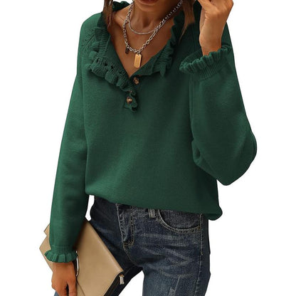 Women's Knit Pullover Sweater Tops - Casual Long Sleeve Button Down Crew Neck Ruffle Solid Color Striped - Knitwear, Womenswear - Seldom Seen Styles