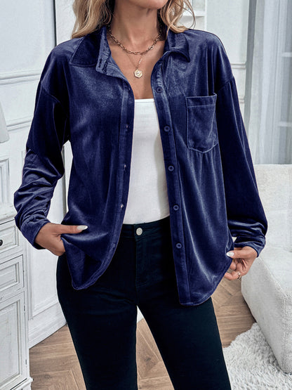 Womens Winter Velvet Long Sleeve Button Down Casual Tops Shirts