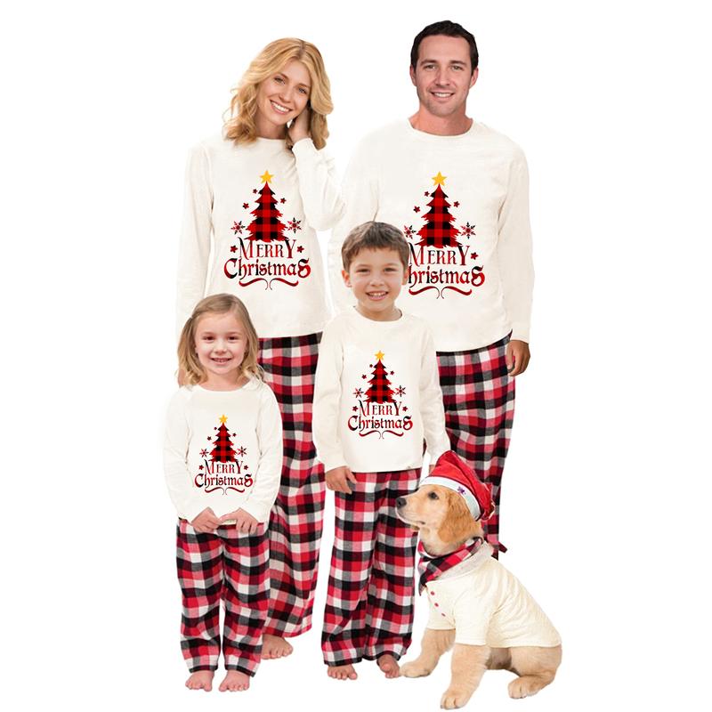 REDWOON Family Matching Christmas Pajama Set Christmas Tree Letter Print Long Sleeve Tops And Plaid Pants Holiday Sleepwear Outfits
