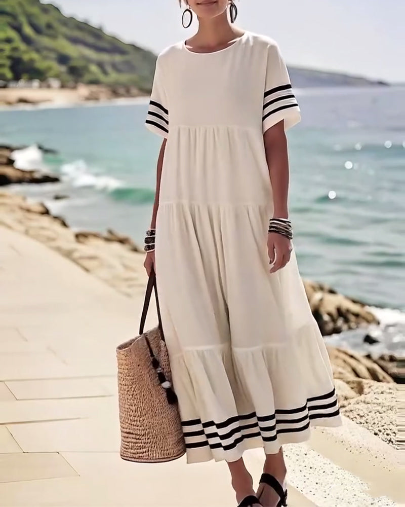 Summer Crew Neck Black Striped Loose A Line Sundress for Women with Short Sleeves Flowy Beach Patchwork Maxi Dresses - Seldom Seen Styles