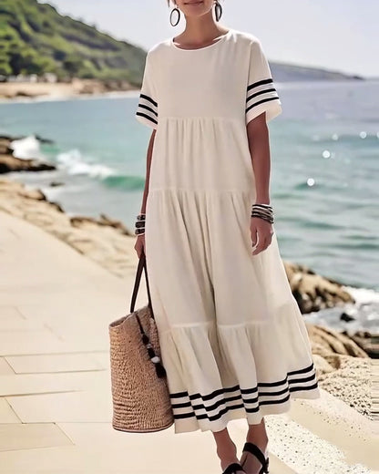 Summer Crew Neck Black Striped Loose A Line Sundress for Women with Short Sleeves Flowy Beach Patchwork Maxi Dresses - Seldom Seen Styles