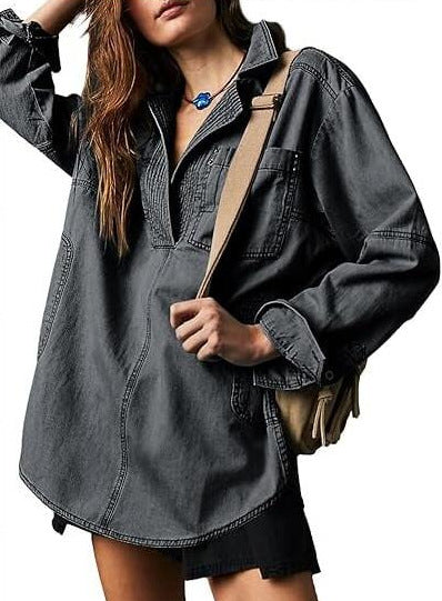 Womenswear Denim Pullover Casual Comfort Button V Neck Blouse Loose Fit Tops Longsleeves Jean Jacket With Pocket - Seldom Seen Styles