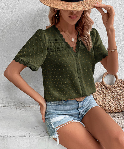 Women's 2025 Summer V Neck Lace Crochet Blouse Swiss Dot Business Casual Cute Shirts Tops