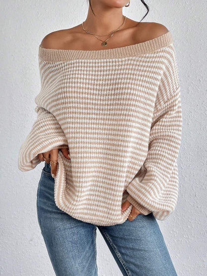 Women's Striped Drop Shoulder Sweater, Y2k Casual Bishop Sleeve Boat Neck Jumper Tops for Daily Outdoor Wear Back To School, Sweaters for Women, Ladies Knitwear for Fall, Fall Outfits, Fallfreshness, Preppy 80s Clothes - Seldom Seen Styles