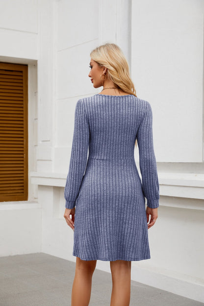 Womens Babydoll Dresses Square Neck Long Sleeve Knee Length Flowy Swing Shirring Mini Dresses Fall Dress