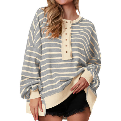 Bela Womens Oversized Striped Sweatshirts Henley Shirts Color Block Casual Pullover Waffle Knit Tops - Seldom Seen Styles