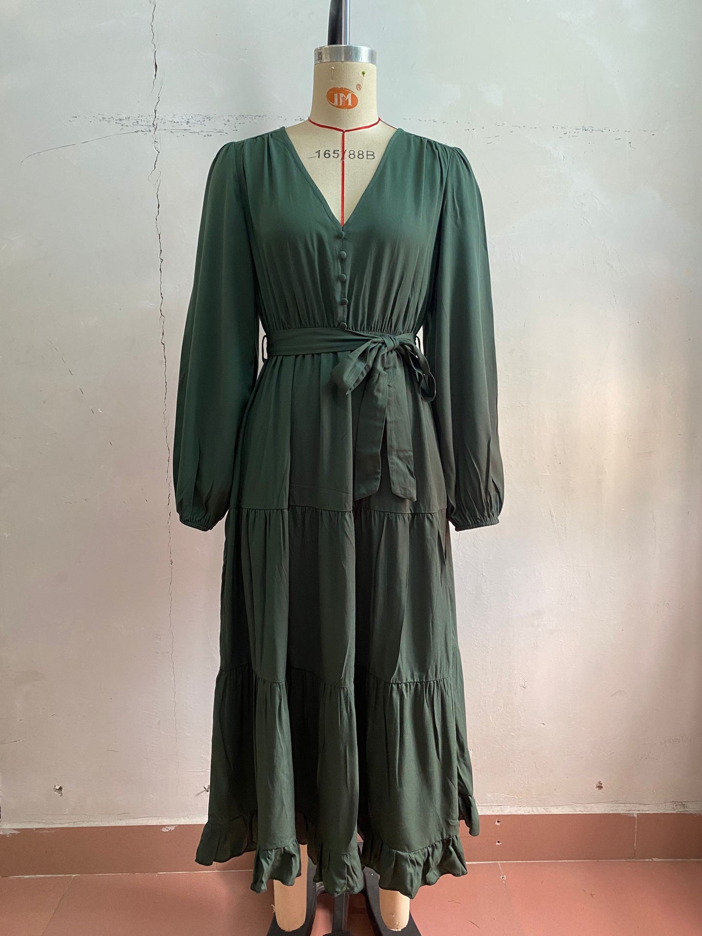 Women's Spring Dresses 2025 Long Sleeve V Neck Button Down Belted A-Line Flowy Ruffle Maxi Shirt Dress Pockets