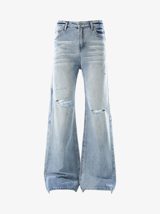 Hip-Hop Cut Distressed Washed Jeans 