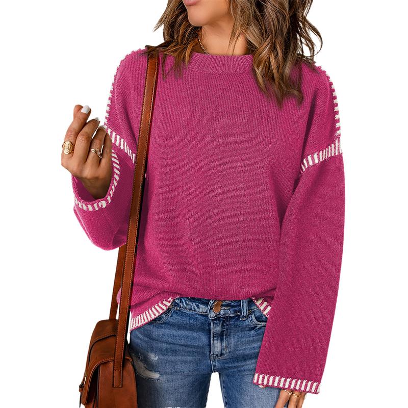 Sweaters for Women Fashion Solid Crewneck Loose Fit Long Sleeve Contrast Cable Knit Pullover Sweater Jumper Tops Knitwear Womenswear Knitwear Womenswear - Seldom Seen Styles