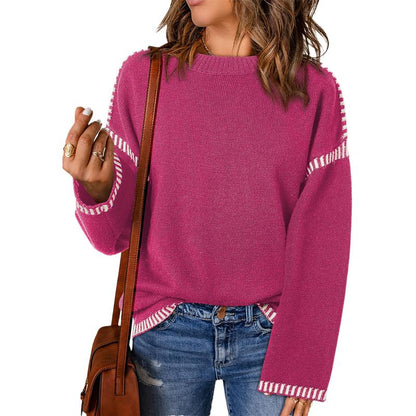 Sweaters for Women Fashion Solid Crewneck Loose Fit Long Sleeve Contrast Cable Knit Pullover Sweater Jumper Tops Knitwear Womenswear Knitwear Womenswear - Seldom Seen Styles