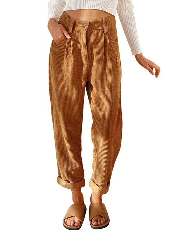 Womens Elastic Waist Straight Leg Corduroy Pants with Pockets, S-2XL - Seldom Seen Styles