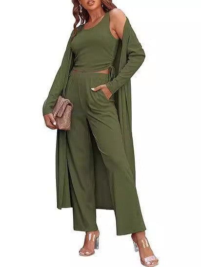 Cozy New Ekouaer Women's 3 Piece Knit Lounge Set Long Sleeve Cardigan Sleeveless Top Pants Sweatsuit S-XXL