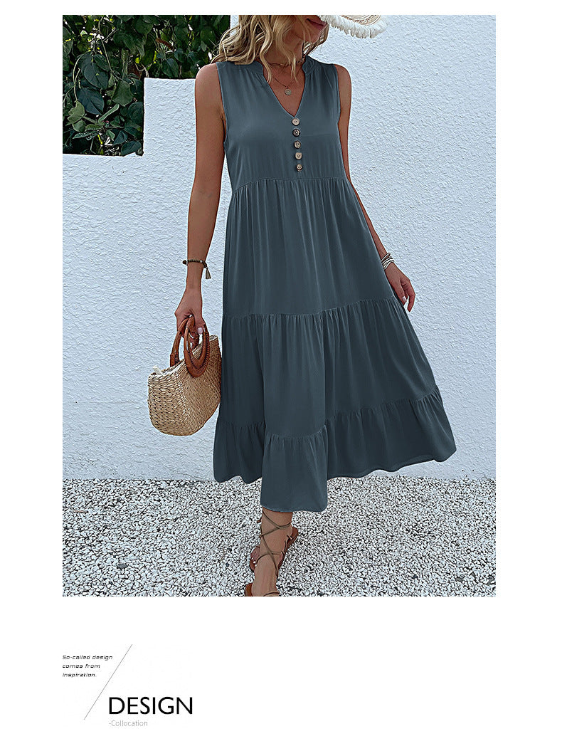 Summer Flowy Maxi Dress with Pockets Sleeveless Loose Casual Sundress V-Neck Tiered Sun Dress for Beach Cruise Vacations