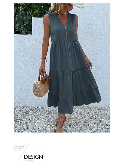 Summer Flowy Maxi Dress with Pockets Sleeveless Loose Casual Sundress V-Neck Tiered Sun Dress for Beach Cruise Vacations