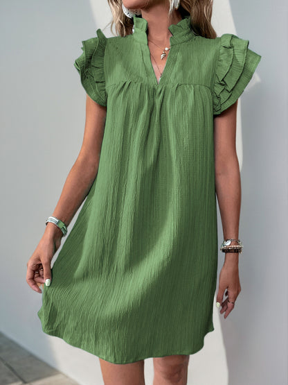 Women's Cap Sleeve Ruffle Trim Mini Dress Ruched Notched Neck Casual Basic Straight Dresses