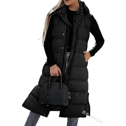 Women's Long Puffer Vest with Quilted Hood and Button Down Closure for Winter Coat 2025 - Tops, Womenswear - Seldom Seen Styles