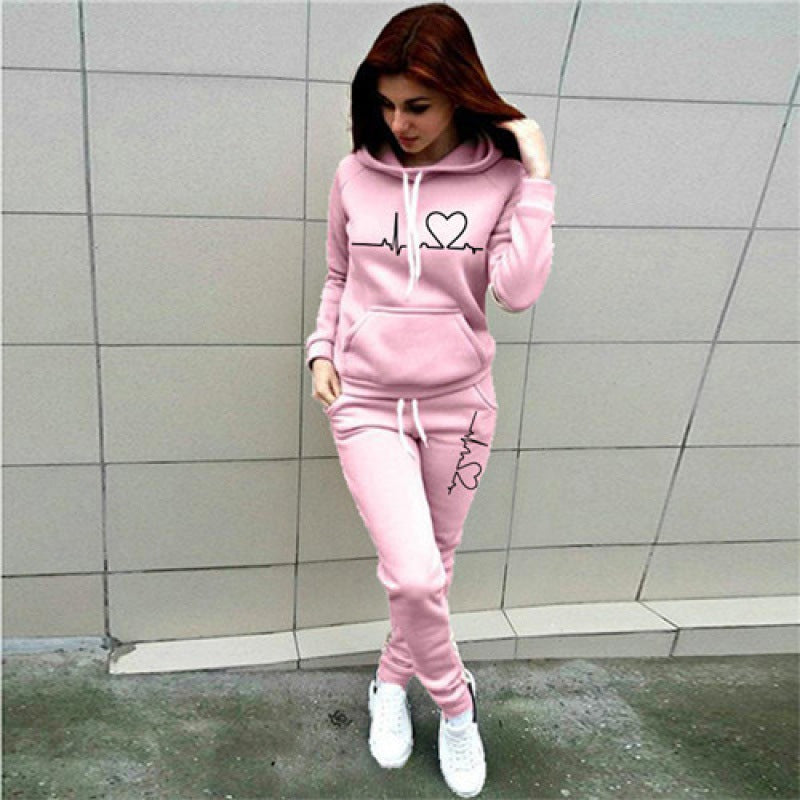 Two-Piece Set Women's Heart Print Raglan Sleeve Hoodie & Drawstring Waist Sweatpants Set, Casual Long Sleeve Hooded Pullover & Pocket Jogger Pants, Women's Fall & Winter Clothes, Holiday Outfits, Soft Clothes - Seldom Seen Styles