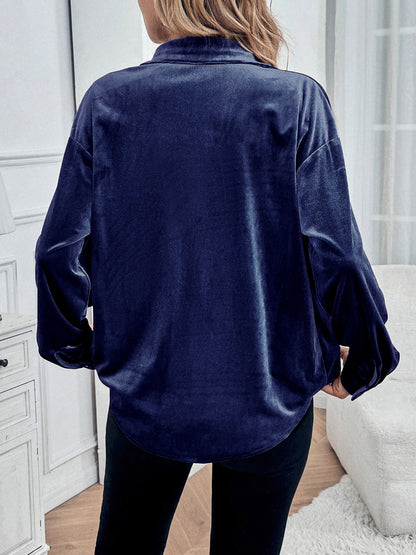 Womens Winter Velvet Long Sleeve Button Down Casual Tops Shirts