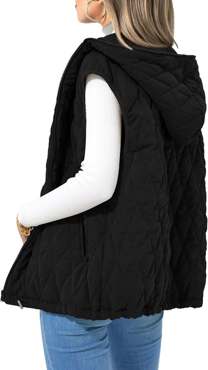 Women's Quilted Vest Casual Sleeveless Hooded Zip Up Diamond pattern Jacket With Pockets Winter Coat Outerwear Minimalist Top