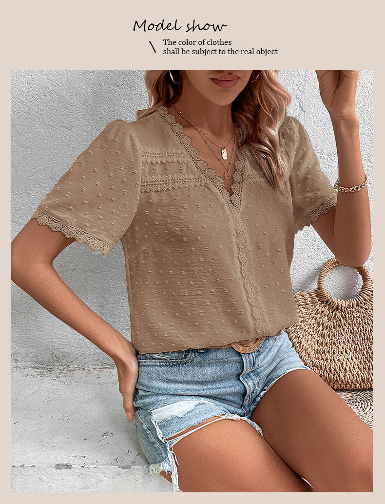 Women's 2025 Summer V Neck Lace Crochet Blouse Swiss Dot Business Casual Cute Shirts Tops