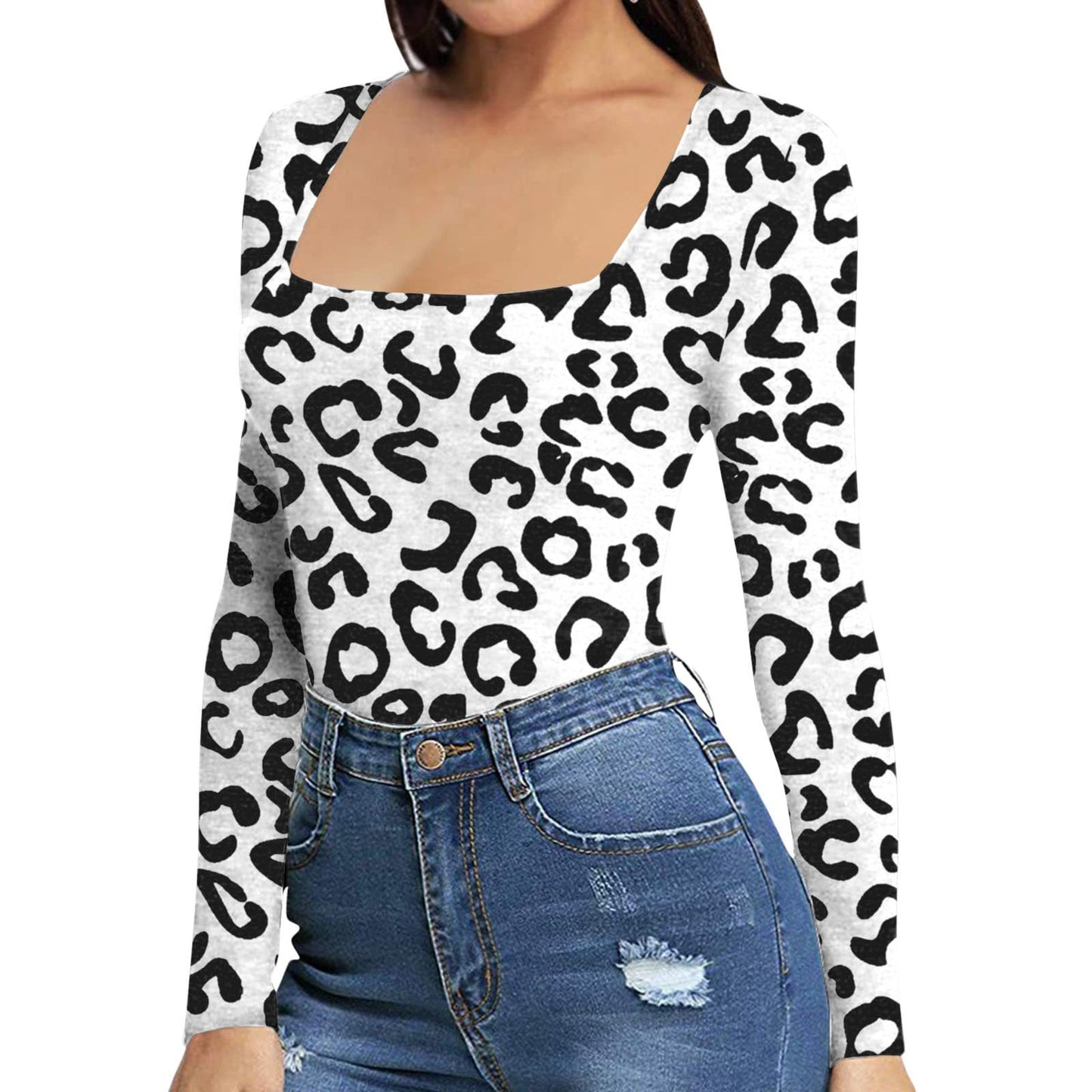 Women's Sexy Square Neck Bodysuit Long Sleeve Double Lined Shirt Tops