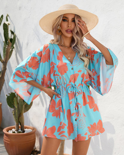 Floral summer dress everyday casual dresses with sleeves Print Five-Quarter Sleeve Dress