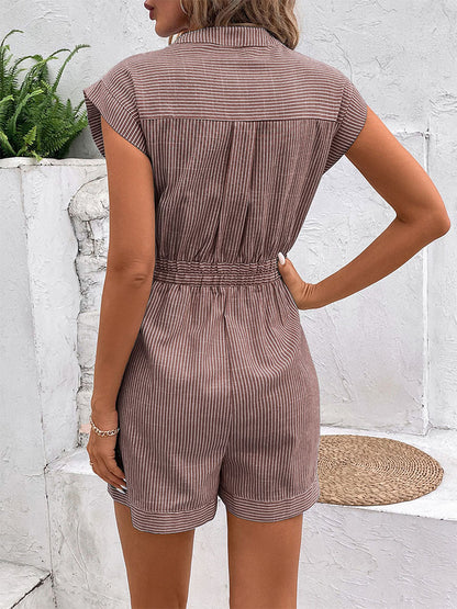 Womens Striped Shorts Romper Dressy Button V Neck Jumpsuits Comfy Business Work Overalls One Piece Jumpsuit w/Pockets