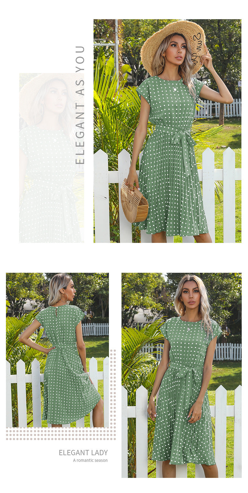Polka Dot Dress for Women Casual Summer Midi Dress Crew Neck Short Sleeve