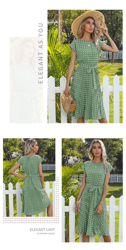 Polka Dot Dress for Women Casual Summer Midi Dress Crew Neck Short Sleeve