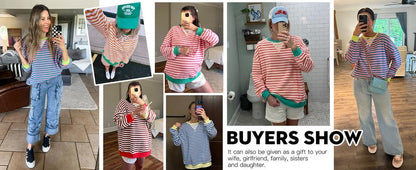 【Up To 3XL】Fisace Christmas Womenswear Striped Oversized Sweatshirt Color Block Crew Neck Long Sleeve Shirt Casual Loose Pullover Top Y2K Clothes back to school - Seldom Seen Styles