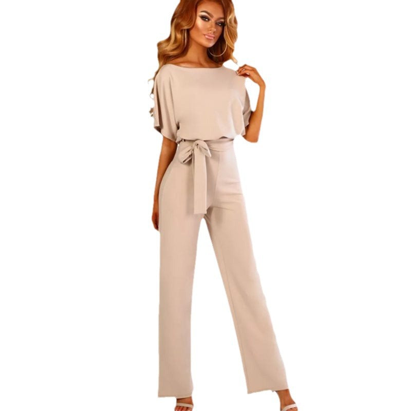 Womens Loose Short Sleeve Belted Wide Leg Pant Romper Jumpsuit Business Casual One Piece Outfits - Seldom Seen Styles