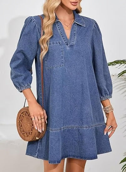 Denim Dress for Women Fashion Fall Casual Babydoll 2025 V Neck 3/4 Puff Sleeve Jean Dresses - Seldom Seen Styles