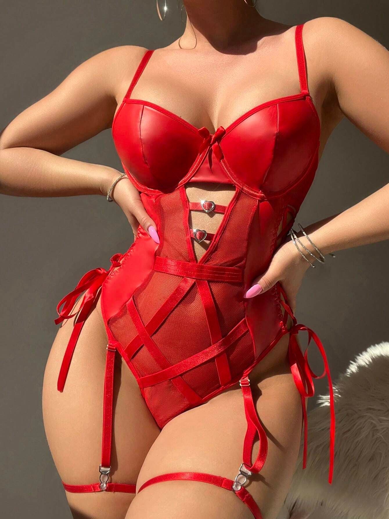 Sexy Strappy Lace Up Underwire Sheer Leather Garter Belt Teddy Bodysuit Lingerie Top 2 Piece Set - Seldom Seen Styles