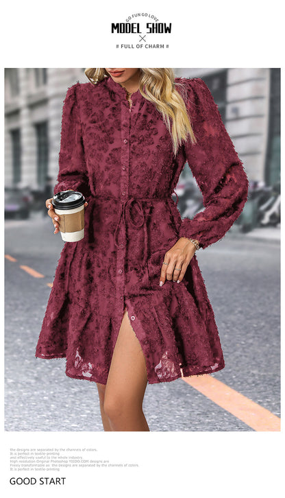 Womens Long Sleeve Fall Dresses 2024 Button Up Empire Waist with Belt A-Line Mini Dress Casual Fall Winter Dress