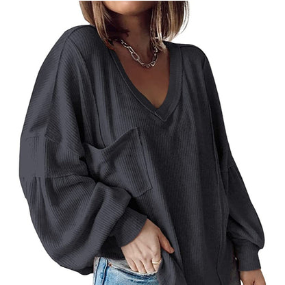 Women's Casual Basic V-Neck Ribbed Knitted Shirts Pullover Tunic Tops Loose Balloon Sleeve Blouses Top - Seldom Seen Styles
