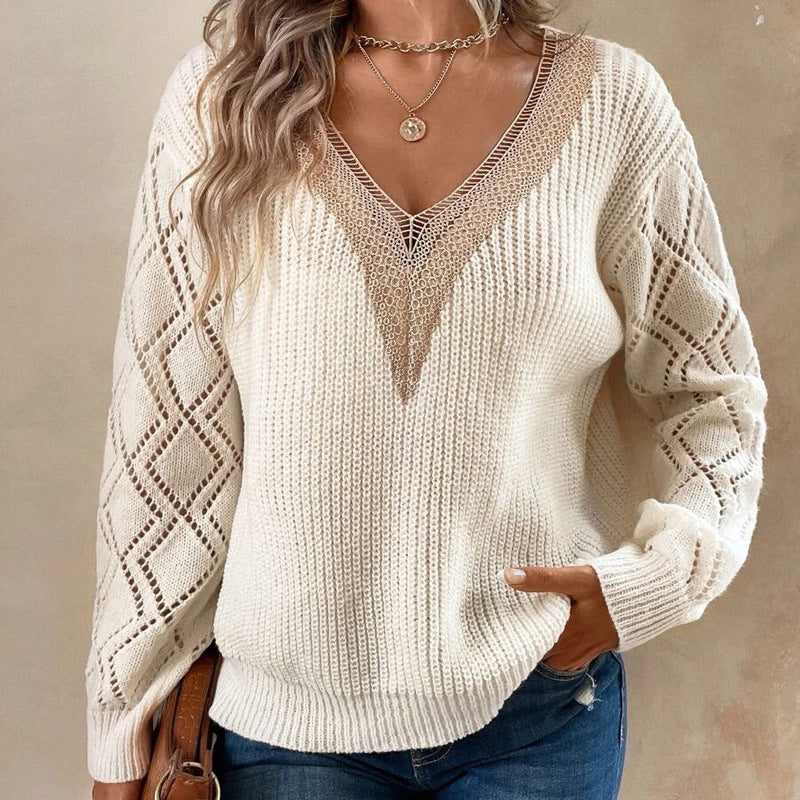Womens Long Sleeve Sweaters Fall 2024 Trendy Sexy Lace V Neck Knit Drop Shoulder Pullover Sweater Jumper Tops - Seldom Seen Styles