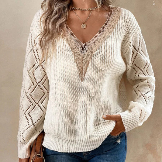 Womens Long Sleeve Sweaters Fall 2024 Trendy Sexy Lace V Neck Knit Drop Shoulder Pullover Sweater Jumper Tops - Seldom Seen Styles