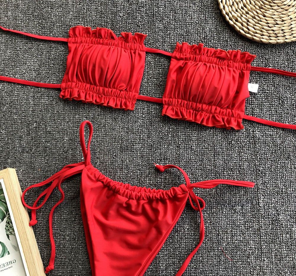 Women 2 Piece Strapless Bikini Swimsuits Ruffle Ribbed Self Tie Bandeau Bikini Set High Cut String Bathing Suits