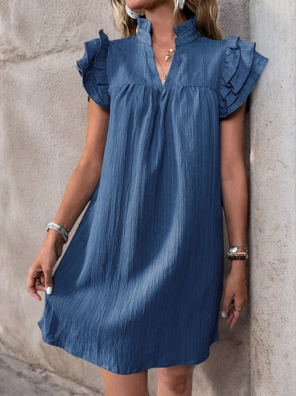 Women's Cap Sleeve Ruffle Trim Mini Dress Ruched Notched Neck Casual Basic Straight Dresses