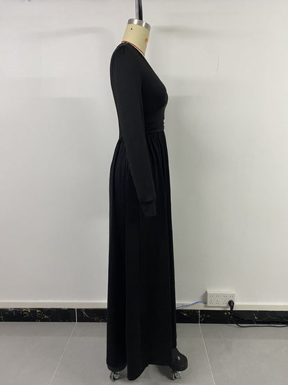 Women Deep V Neck Long Sleeve Slit 2025 Fall Elegant Formal Wedding Guest Cocktail Evening Date Prom Maxi Long Dress