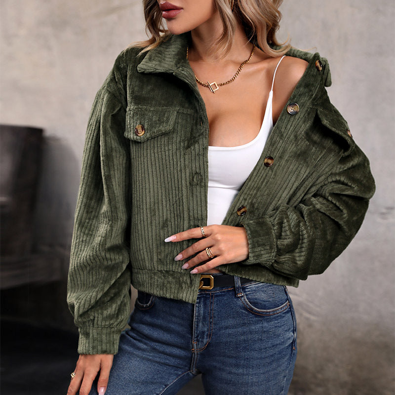 Women's Cropped Corduroy Jacket Button Down Long Sleeve Fuzzy Fleece Oversized Outerwear Shacket Coat - Seldom Seen Styles