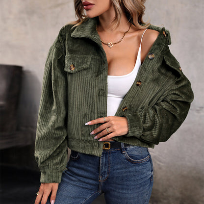 Women's Cropped Corduroy Jacket Button Down Long Sleeve Fuzzy Fleece Oversized Outerwear Shacket Coat - Seldom Seen Styles
